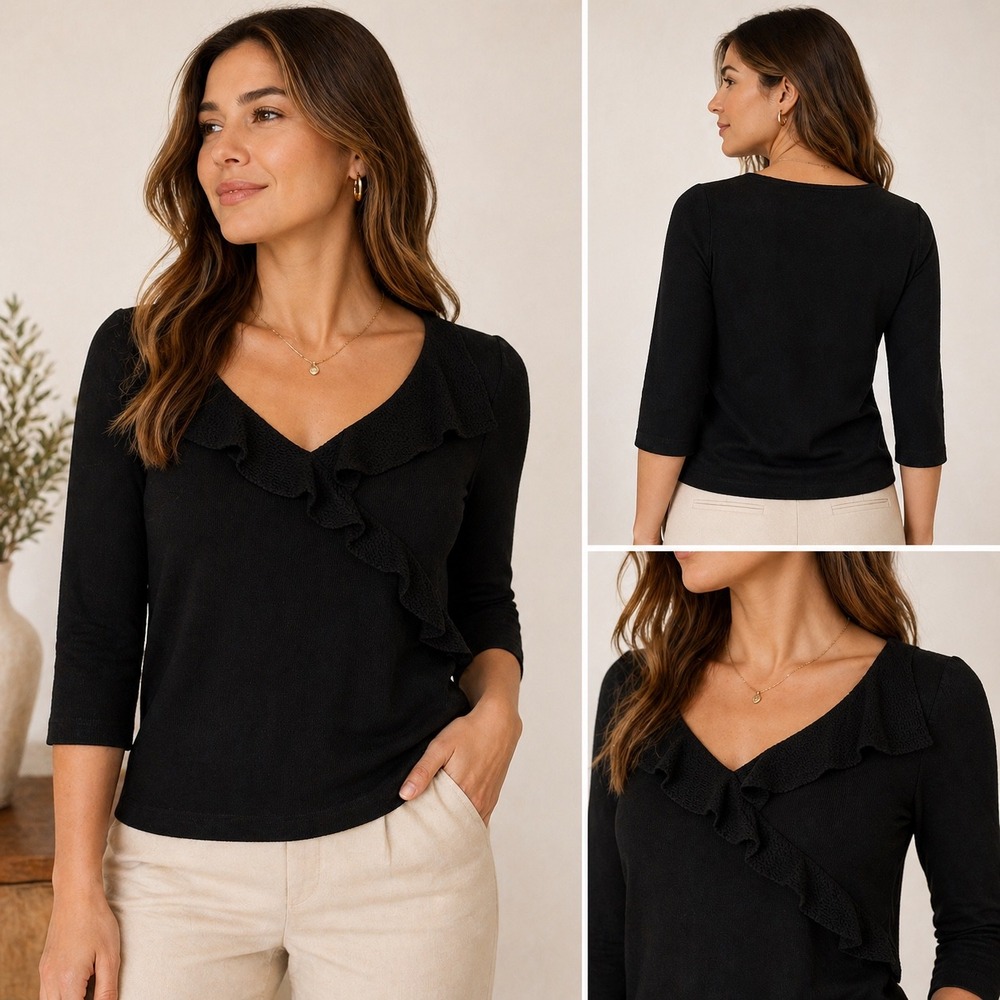 St John Collection Marie Gray Black Ruffle V-Neck Santana Knit Top 12 SP03 GRP6